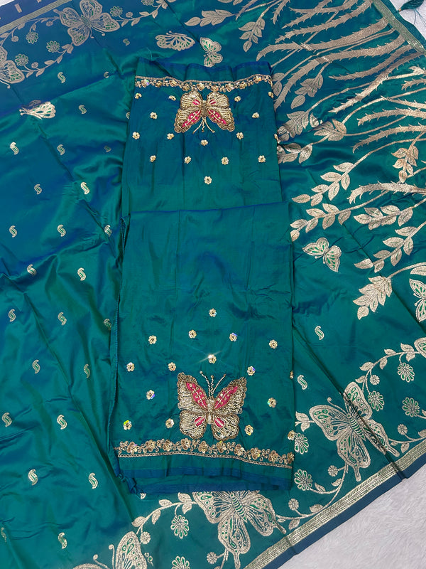 Butterfly Aari Work Blouse Paithani In 2 Tone Peacock Colour