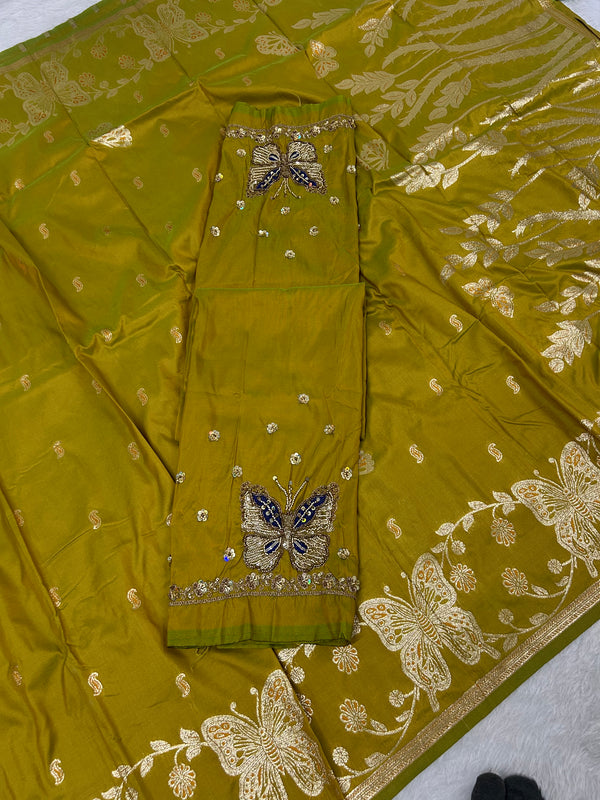 Butterfly Aari Work Blouse Paithani In 2 Tone Yellow Colour