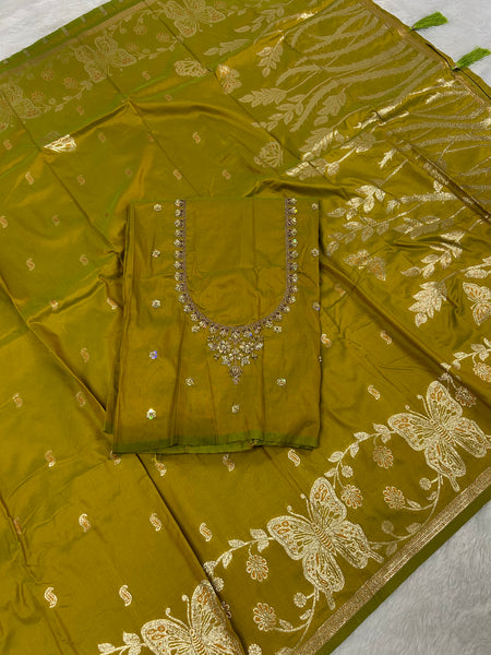 Butterfly Aari Work Blouse Paithani In 2 Tone Yellow Colour