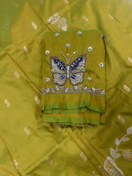 Butterfly Aari Work Blouse Paithani In 2 Tone Yellow Colour