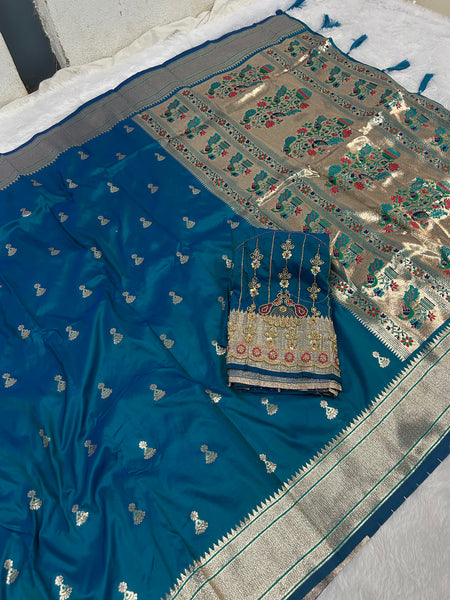 Jhumka Aari Work Blouse Paithani In 2 Tone Peacock Colour