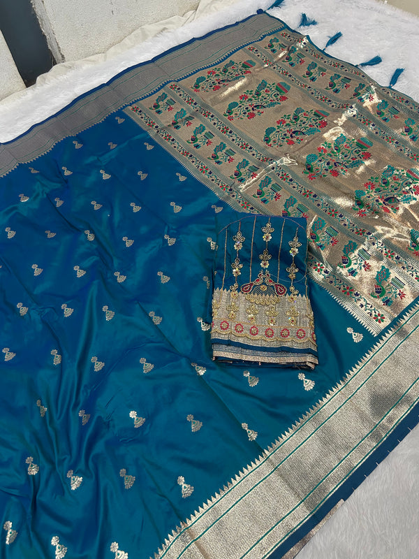 Jhumka Aari Work Blouse Paithani In 2 Tone Peacock Colour