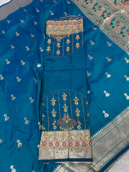Jhumka Aari Work Blouse Paithani In 2 Tone Peacock Colour