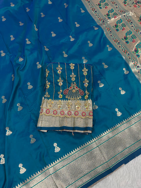 Jhumka Aari Work Blouse Paithani In 2 Tone Peacock Colour