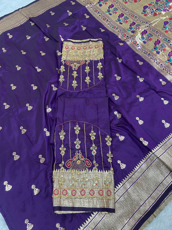 Jhumka Aari Work Blouse Paithani In 2 Tone Purple Colour