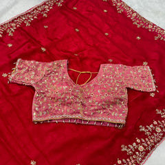 Readymade Blouse Red Colour Saree With Contrast Blouse