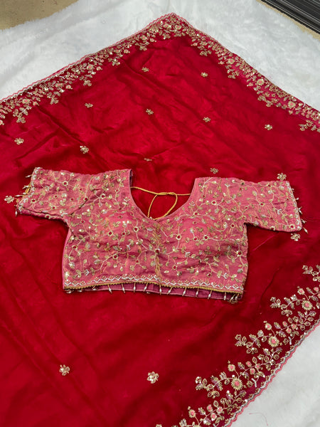 Readymade Blouse Red Colour Saree With Contrast Blouse
