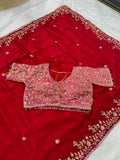 Readymade Blouse Red Colour Saree With Contrast Blouse