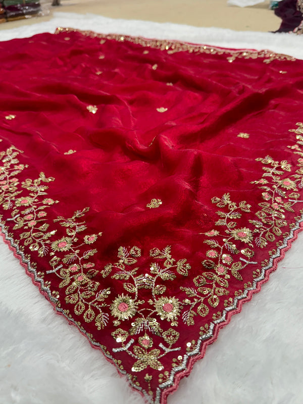 Readymade Blouse Red Colour Saree With Contrast Blouse