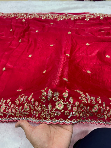 Readymade Blouse Red Colour Saree With Contrast Blouse