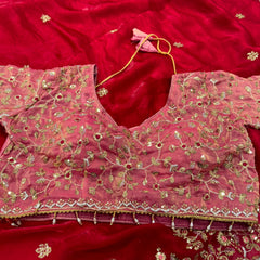Readymade Blouse Red Colour Saree With Contrast Blouse