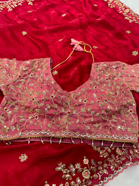 Readymade Blouse Red Colour Saree With Contrast Blouse