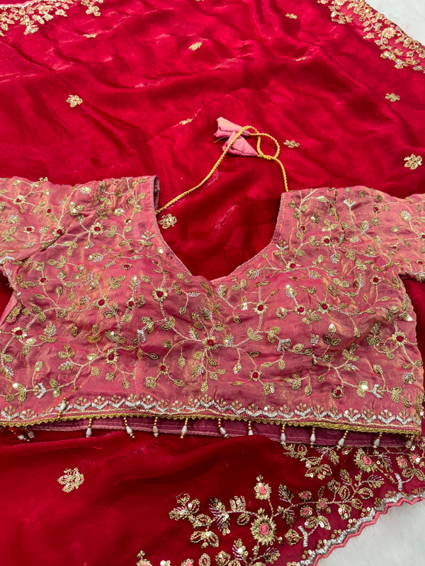Readymade Blouse Red Colour Saree With Contrast Blouse