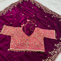Readymade Blouse Wine Colour Saree With Contrast Blouse