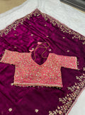 Readymade Blouse Wine Colour Saree With Contrast Blouse