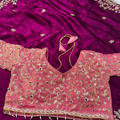 Readymade Blouse Wine Colour Saree With Contrast Blouse