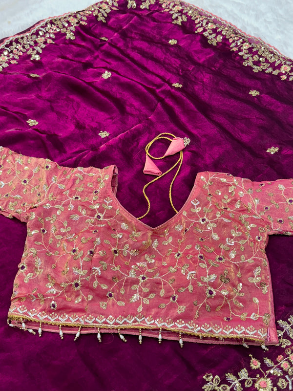 Readymade Blouse Wine Colour Saree With Contrast Blouse