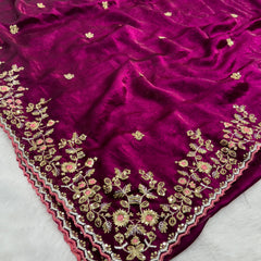 Readymade Blouse Wine Colour Saree With Contrast Blouse