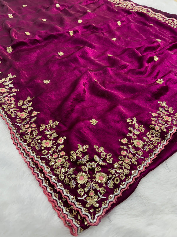 Readymade Blouse Wine Colour Saree With Contrast Blouse