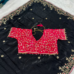 Readymade Blouse Black Colour Saree With Contrast Blouse