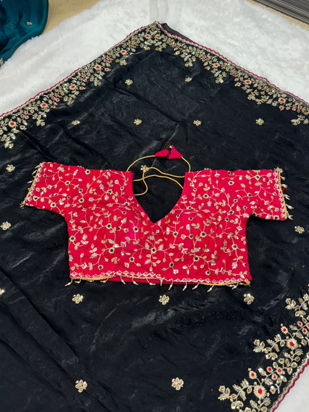 Readymade Blouse Black Colour Saree With Contrast Blouse