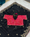 Readymade Blouse Black Colour Saree With Contrast Blouse