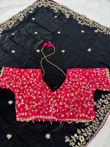 Readymade Blouse Black Colour Saree With Contrast Blouse