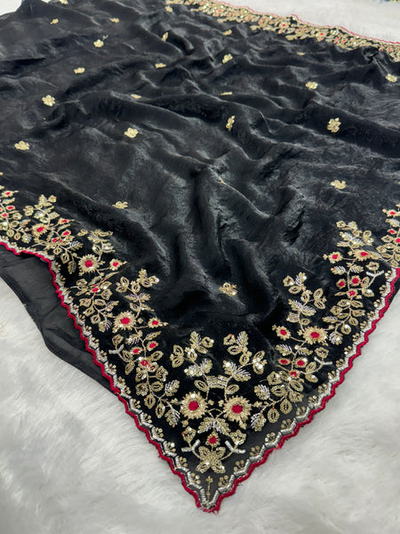 Readymade Blouse Black Colour Saree With Contrast Blouse