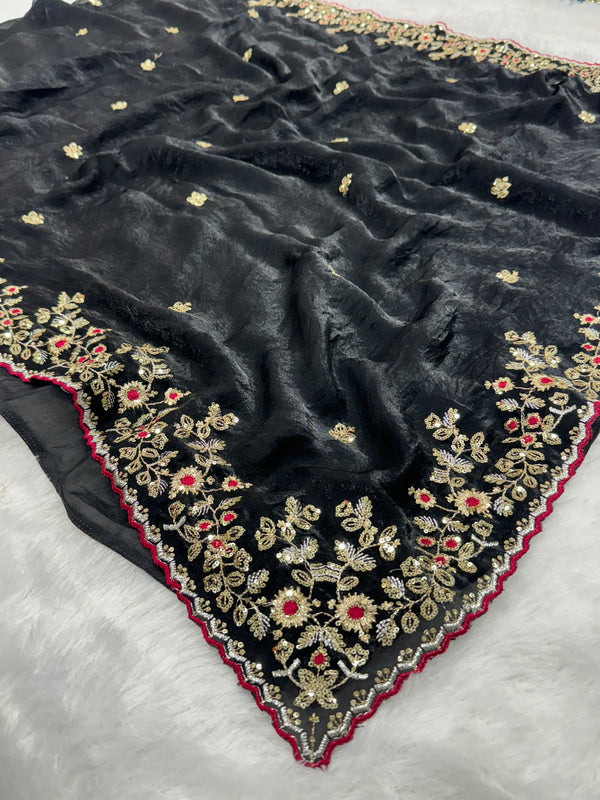 Readymade Blouse Black Colour Saree With Contrast Blouse