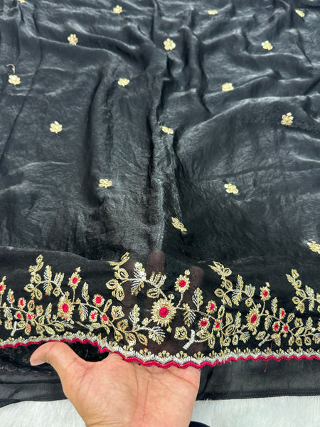 Readymade Blouse Black Colour Saree With Contrast Blouse