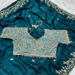 Readymade Blouse Blue Colour Saree With Contrast Blouse