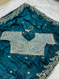 Readymade Blouse Blue Colour Saree With Contrast Blouse
