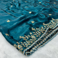 Readymade Blouse Blue Colour Saree With Contrast Blouse