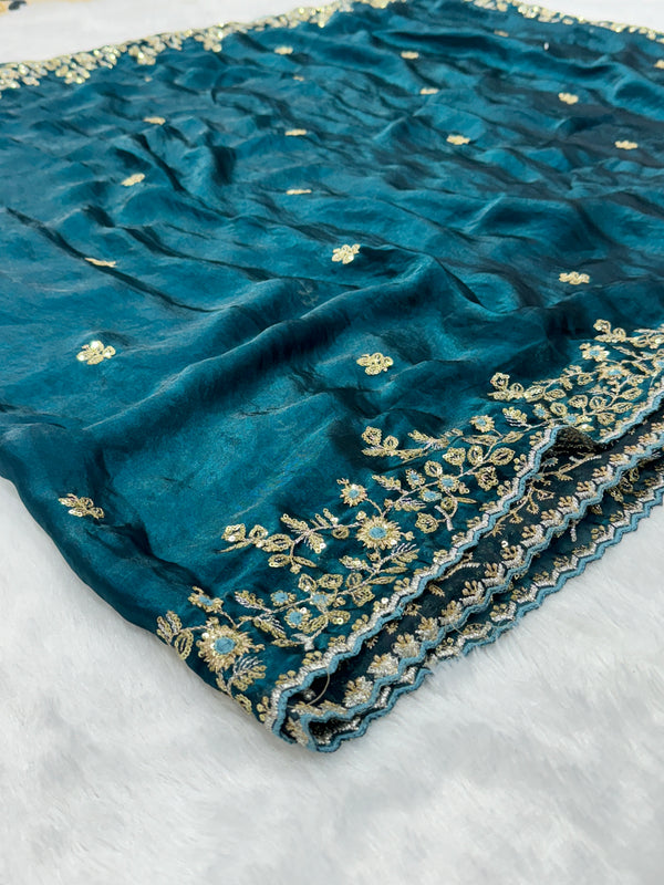 Readymade Blouse Blue Colour Saree With Contrast Blouse