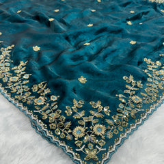 Readymade Blouse Blue Colour Saree With Contrast Blouse