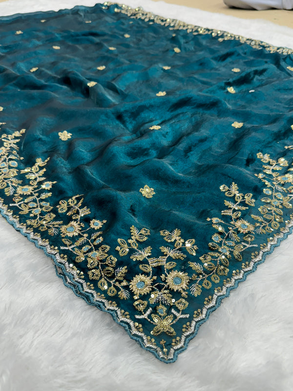 Readymade Blouse Blue Colour Saree With Contrast Blouse