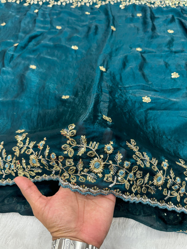 Readymade Blouse Blue Colour Saree With Contrast Blouse