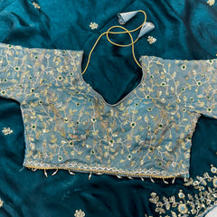 Readymade Blouse Blue Colour Saree With Contrast Blouse