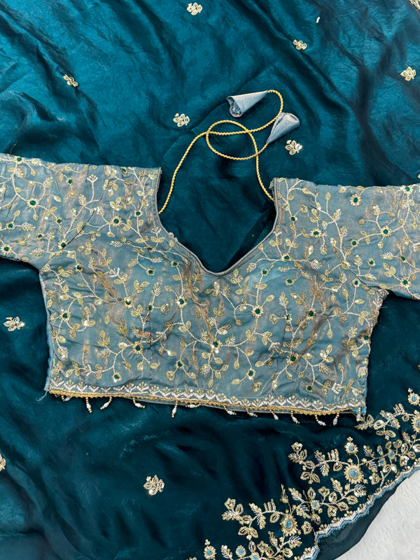 Readymade Blouse Blue Colour Saree With Contrast Blouse