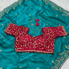 Readymade Blouse Morpankhi Colour Saree With Contrast Blouse