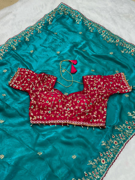 Readymade Blouse Morpankhi Colour Saree With Contrast Blouse