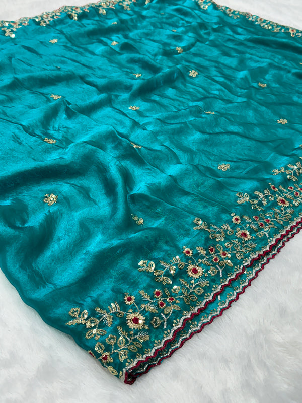 Readymade Blouse Morpankhi Colour Saree With Contrast Blouse