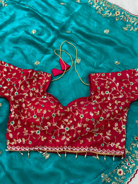 Readymade Blouse Morpankhi Colour Saree With Contrast Blouse