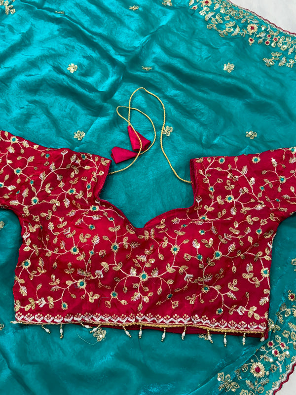 Readymade Blouse Morpankhi Colour Saree With Contrast Blouse