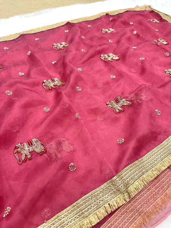 Baby Pink Hand Work Trending Banarasi Tissue Saree