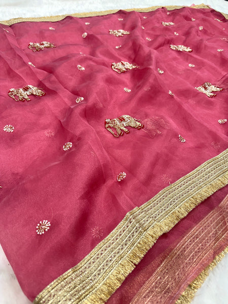 Baby Pink Hand Work Trending Banarasi Tissue Saree