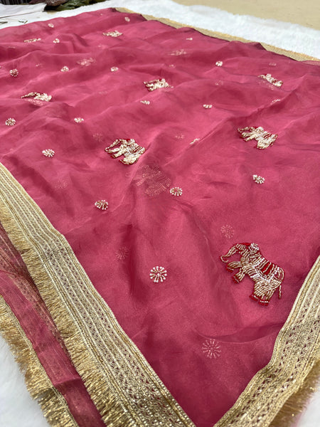 Baby Pink Hand Work Trending Banarasi Tissue Saree