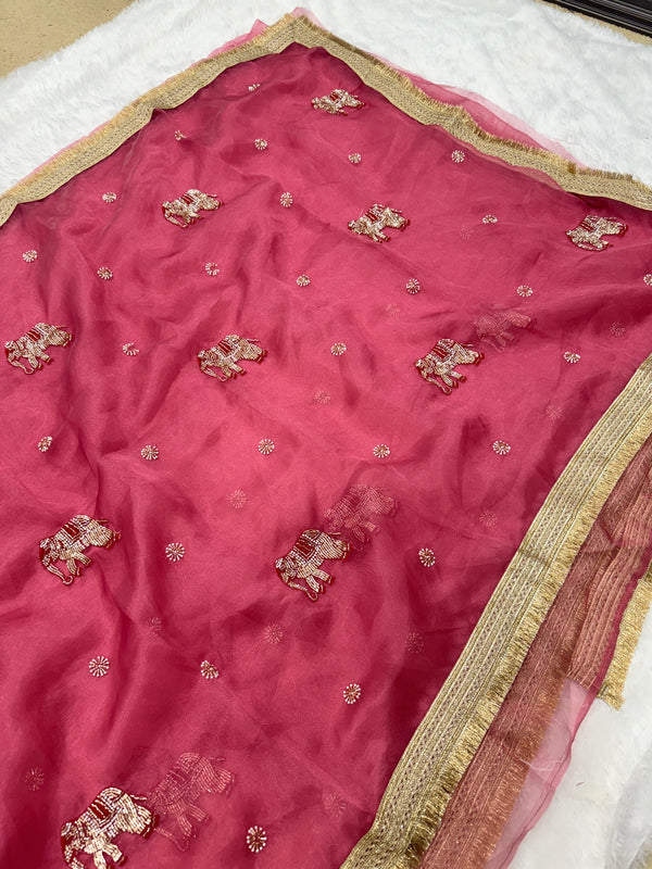Baby Pink Hand Work Trending Banarasi Tissue Saree