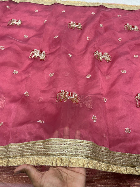 Baby Pink Hand Work Trending Banarasi Tissue Saree
