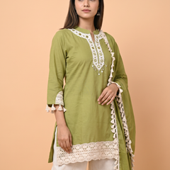 Soft Fancy Short Kurti Dress With Lace Border On Sleeves & Border